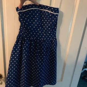 Blue and white polka dot strapless dress